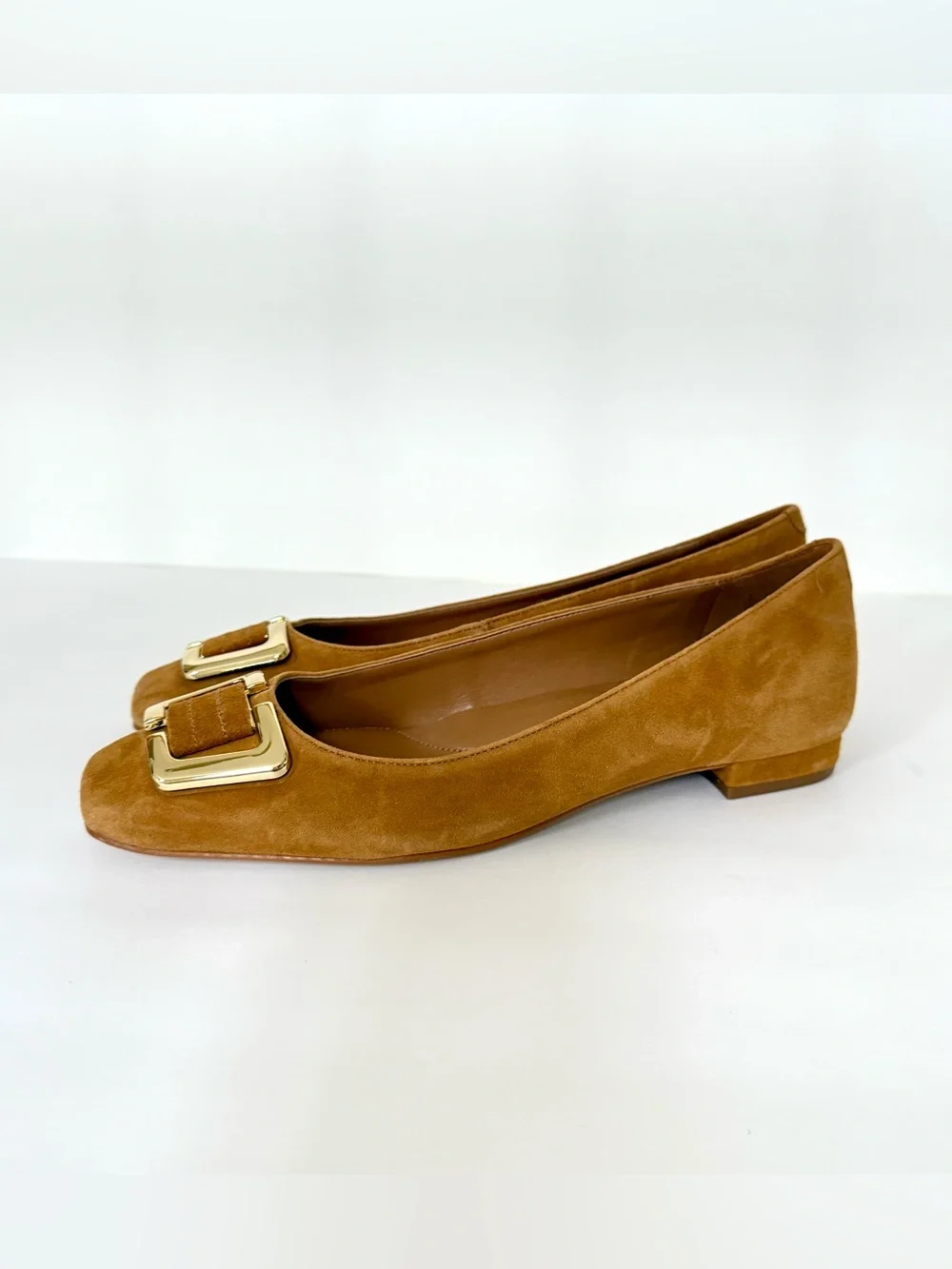 Talbots Sutton Camel Suede Flats with Gold Buckle
